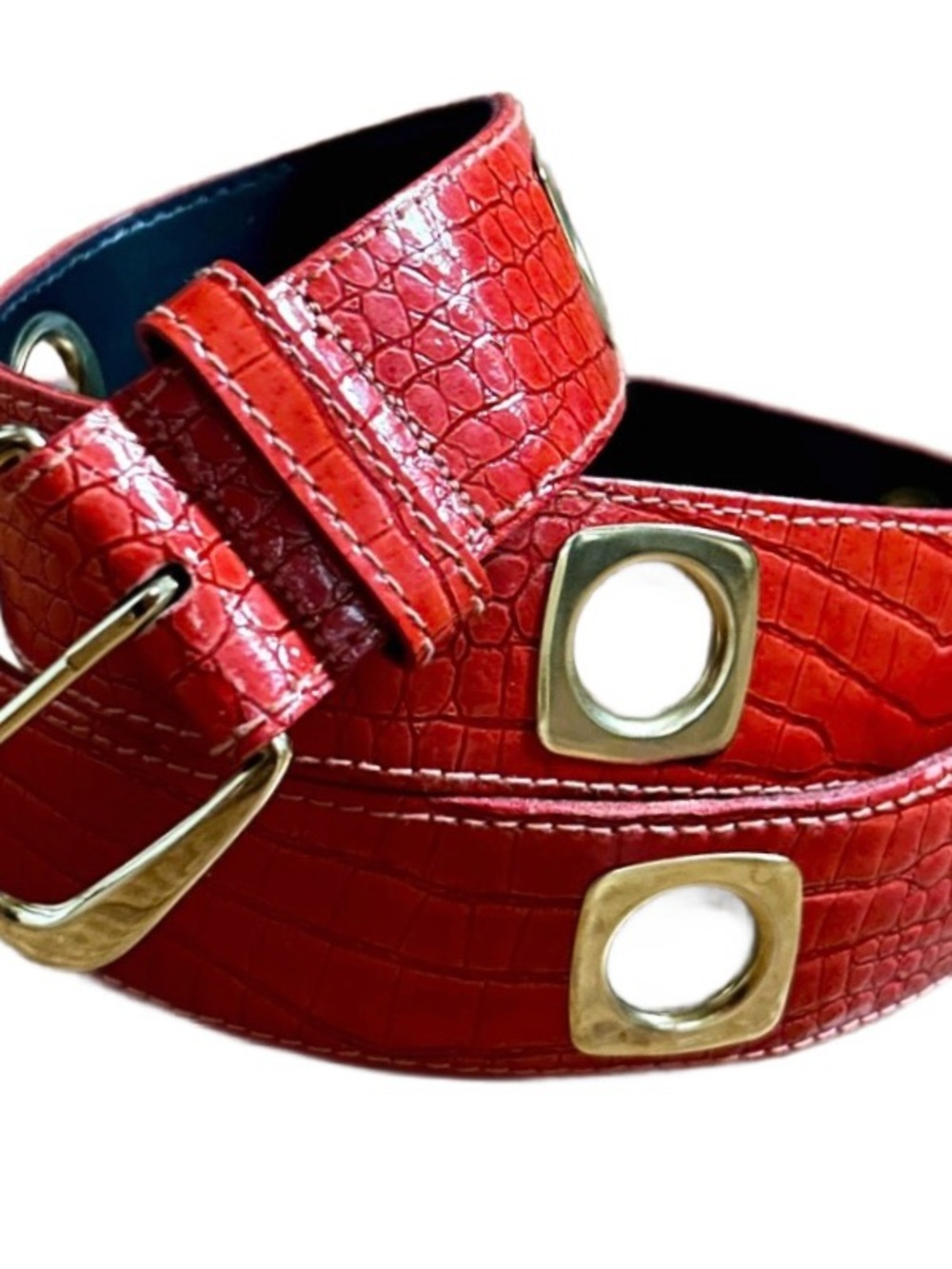 Vintage ~ Women’s Large ~ Leather ~ Alligator ~ Red W/ 7 Gold Rectangle ~ Belt